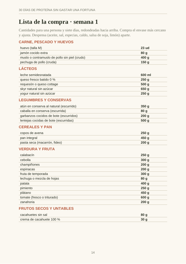 Página del ebook con la lista de la compra de la semana 1